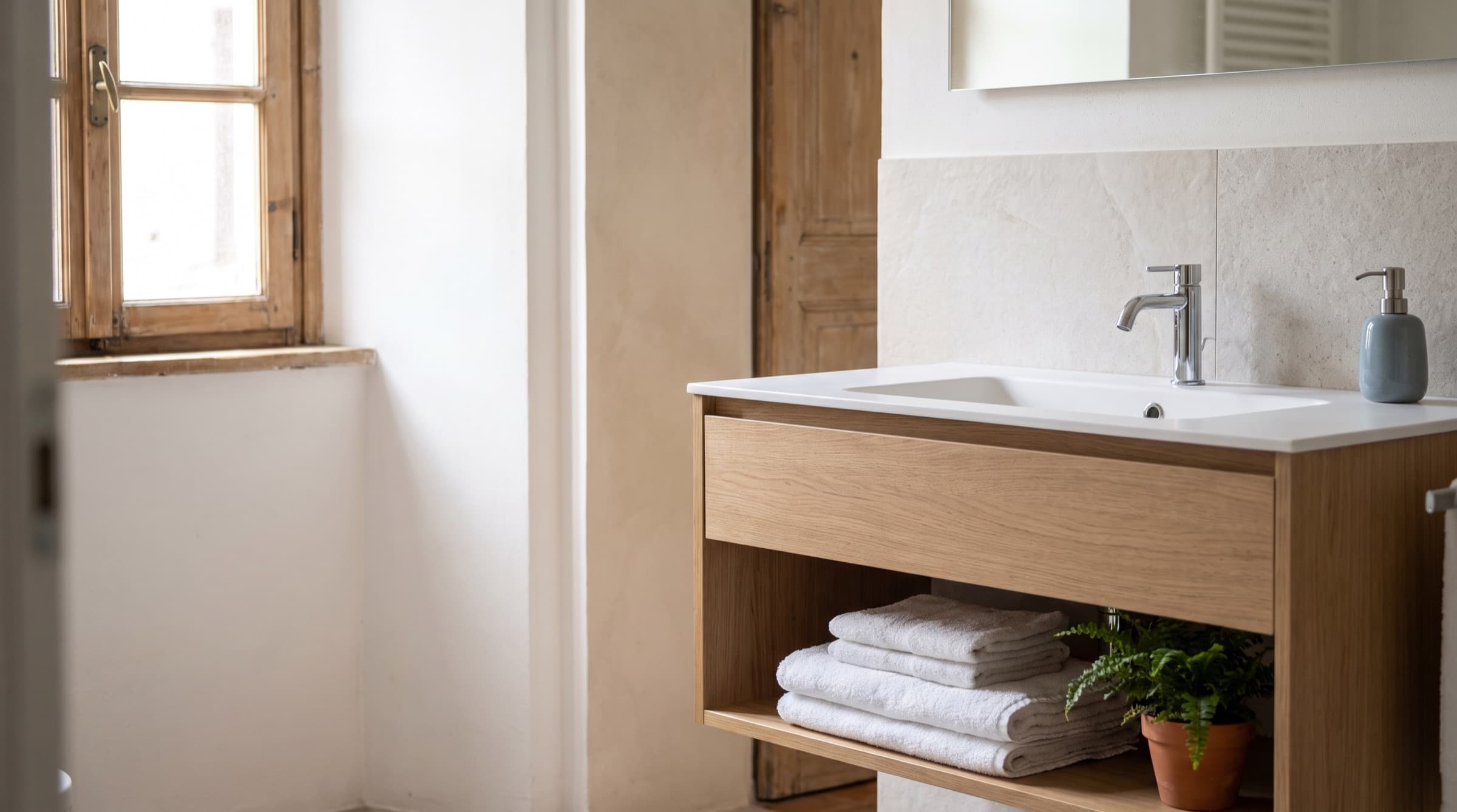 Mobile bagno sospeso in rovere con lavabo integrato