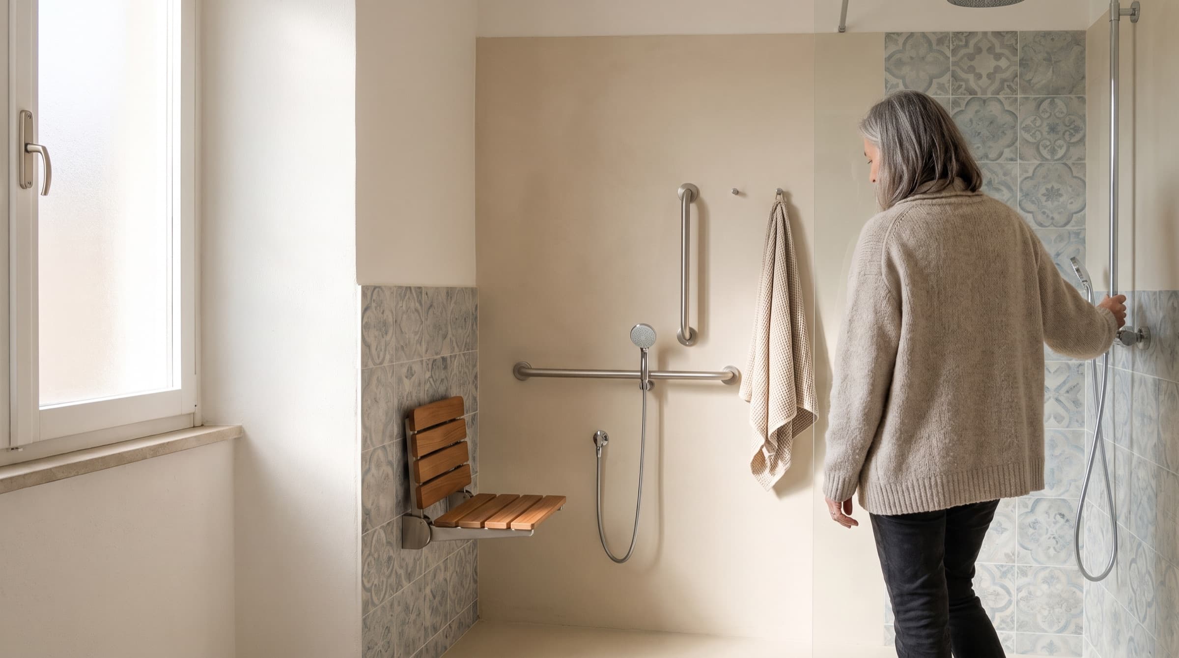 Bagno sicuro con doccia senza gradino, seduta e maniglioni