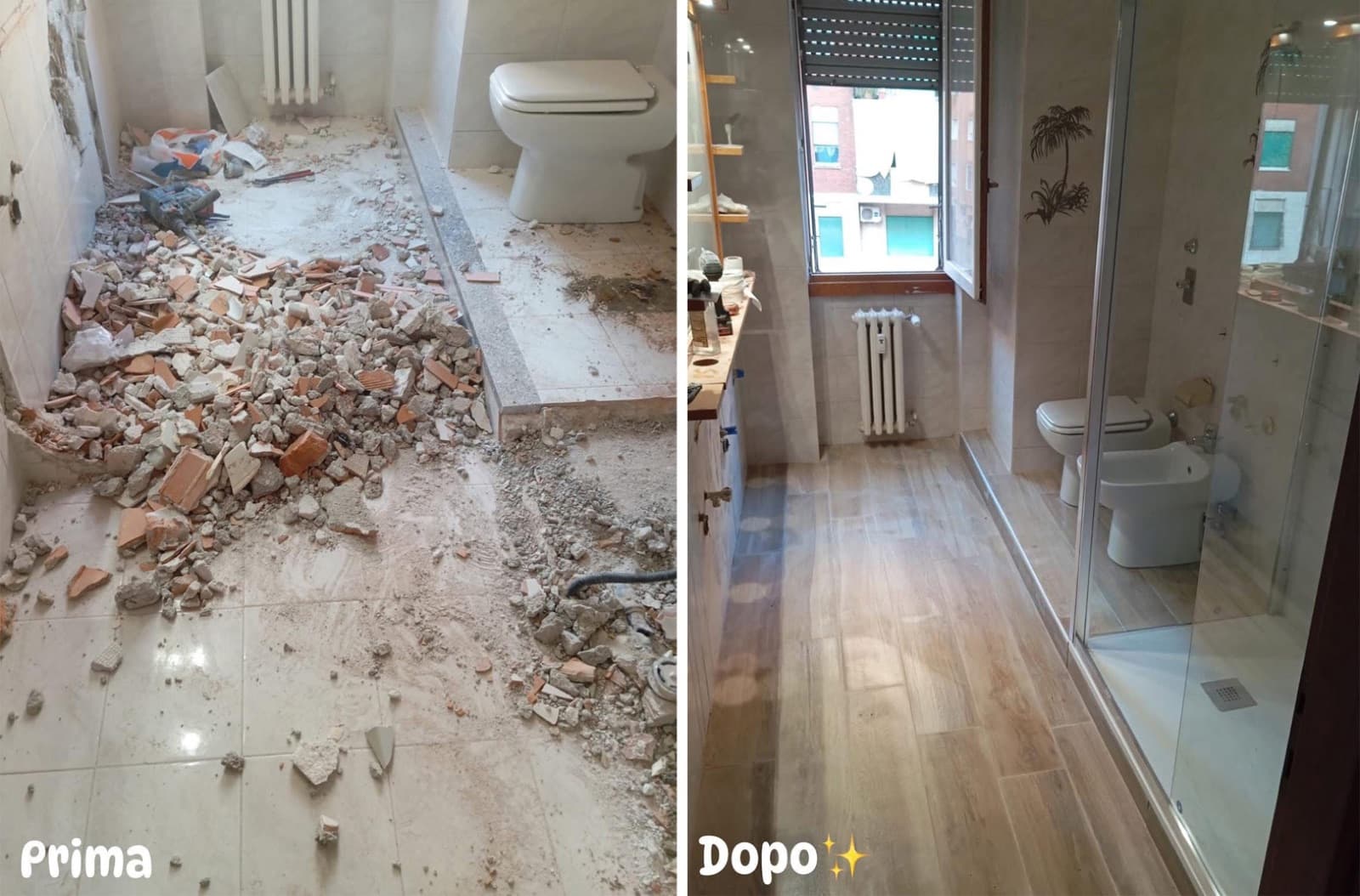 Bagno prima della ristrutturazione con macerie e dopo con pavimento effetto legno e doccia